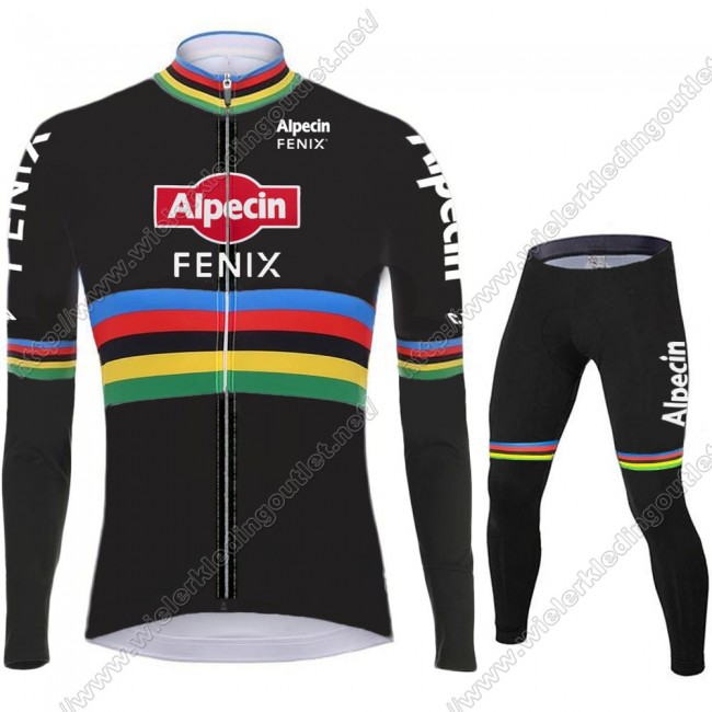 2021 Alpecin Fenix World Champion zwart Fietskleding Fietsshirt Lange Mouw+Lange Fietsbroek Bib 87 2021 Alpecin Fenix World Champion zwart Fietskleding Fietsshirt Lange Mouw+Lange Fietsbroek Bib 87